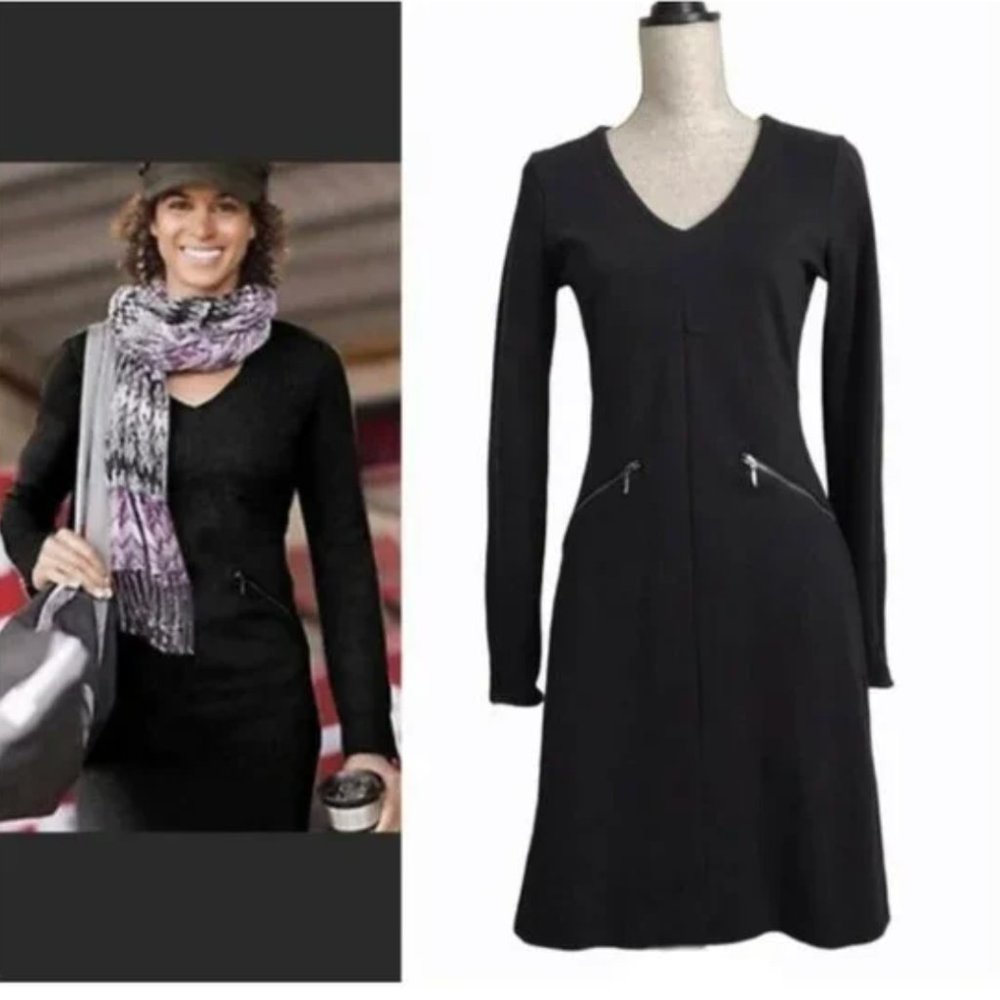 Athleta Enchanted midi long sleeve black dress with zipper pockets size XS